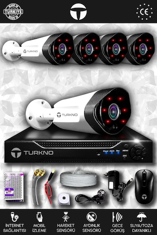 Turkno 5 Kameralı Galia 5 Dış Kamera Set HDD'siz Full HD Gece Görüşlü Güvenlik Kamerası Sistemi