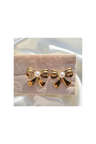 Luxe Pearl Bow Küpe Altın