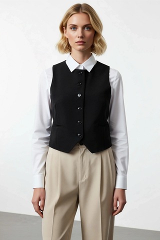 Benerly Kadın Bisiklet Yaka Kolsuz Fitted Crop Dokuma Kumaş Yelek Düz Des Siyah