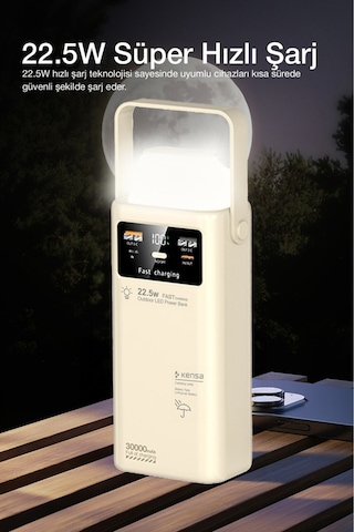 30.000 Mah Outdoor Led Işıklı Hızlı Şarj Powerbank Usb-c & Çoklu Cihaz Desteği Beyaz