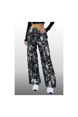 Kadın Varak Baskılı Siyah Renk Mevsimlik Beli Lastikli Geniş Paça Pantolon Siyah
