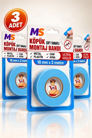 3 Adet Ultra Güçlü 18 Mm X 2 Metre Çift Taraflı Köpük Montaj Bandı Metal Plastik Cam Bantı Bantları