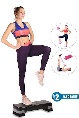 2 Kademeli Kaymaz Taban Step Tahtası + Denge Topu + Pilates Bandı