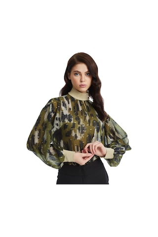 Parlak Detaylı Desenli Balon Kol Bluz Modern Yaka Ve Lastikli Bilek Tasarımıyla Şık Seçim Haki