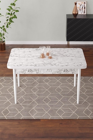 Life 70x110 Mdf Masa Metal Ayaklı Sabit Üst Kalite Mutfak Masası Yemek Odası Masası Salon Masası Beyazmermer