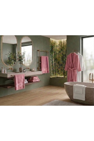 Yünteks Binnur Bamboo 8 Parça Aile Bornoz Takımı / %100 Pamuk / Aile Seti / Çeyizlik / Günlük / Modern / 1.kalite Beyaz - Pembe