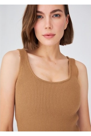 Peraluna Krop Fit Kadın Triko Atlet Camel Camel