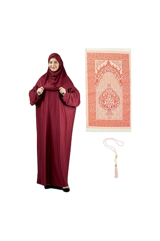 Namaz Elbisesi Eşarp Seccade Tesbih Set, İslami Giyim Takım Ferace Turban Şal Kırmızı