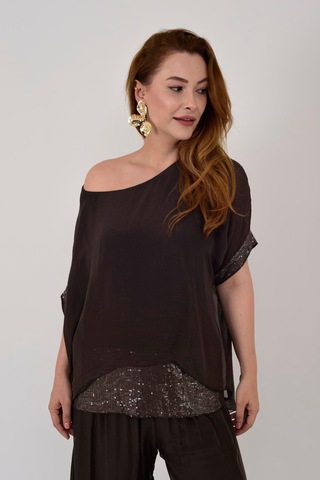 İtalyan Yarasa Kollu Payetli İpek Bluz-9248 Kahverengi