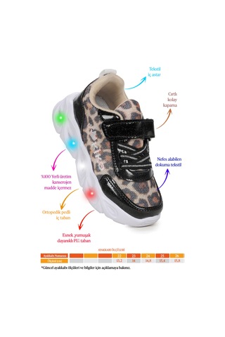 Kiko Kids Teno Leopar Desenli Cırtlı Işıklı Kız Bebek Spor Ayakkabı Siyah Siyah