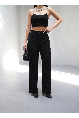 Defymoda Arkasi Lasti Kli Pi Leli Dökümlü Wide Leg Pantolon Siyah