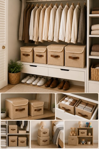 Dolap Düzen Seti 4lü Organizer Kutu 2 Adet 20x20x20 Cm + 2 Adet 25x25x25 Cm Kapaklı Jüt Saklama Kutusu Doğal