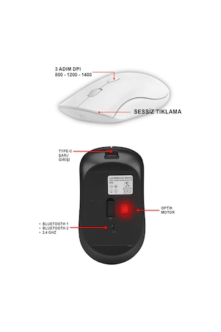 İnce Tasarım Şarj Edilebilir Kablosuz Ve Çift Modlu Bluetooth Sessiz Mouse 800 1200 1400 Dpı Mt8124 Diğer