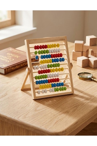 Ayaklı Ahşap Eğitici Sayı Sayma Abaküsü - Renkli Sayı Boncuklu Eğitici Matematik Oyuncağı 1