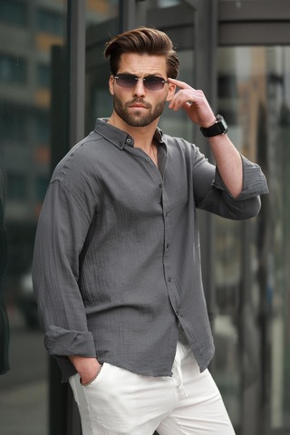 Madmext Antrasit Basic %100 Pamuklu Uzun Kollu Erkek Gömlek E6761 Antrasit
