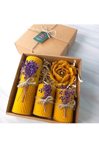 Balmumu Mum Dekoratif Hediye Kutusu 4 Lü Set Doğal Petek Beeswax Candle Açmış Gül Mor Süslenmiş Açmış Gül 000 Açık Krem