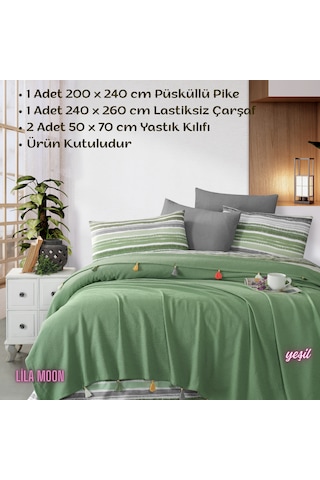 Valeria Tassel Yeşil Renkli Çift Kişilik Püsküllü Pike Takımı