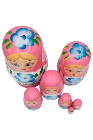 Mobgift Ahşap Tombul Iç Içe Matruşka Bebek 7li Set Pembe