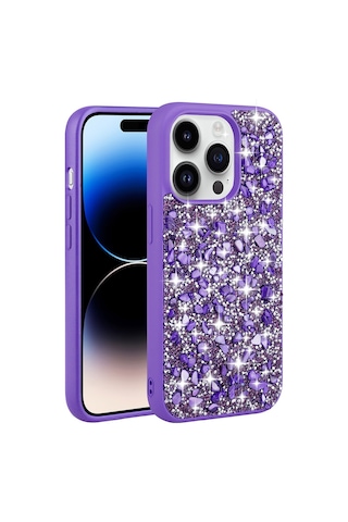 Apple Uyumlu iPhone 14 Pro Max Uyumlu Parlak Taşlı Tasarım Zore Linea Kılıf-mor Mor -