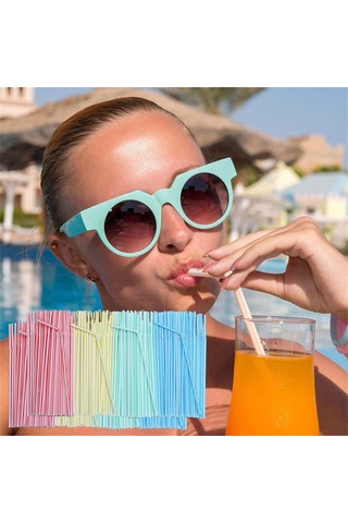 Singree 300 Adet 8 İnç Renkli Çizgili Esnek Plastik Pipetler