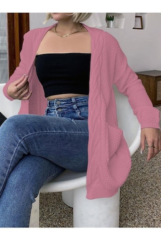 Aqe Fashion Örgü Şeritli Rahat Kalıp Esnek Cepli Kadın Pudra Triko Hırka Pudra