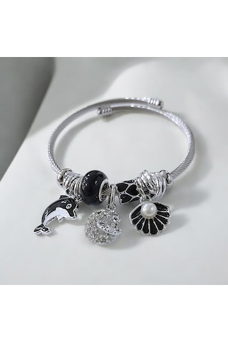 Kadın Çelik Charm Bileklik Bilezik Yunus Figürlü Siyah Çelik