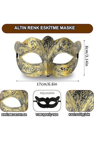 Esenoselect Altın Renk Eskitme Maskeli Balo Maskesi Venedik Tarzı Parti Maskesi -