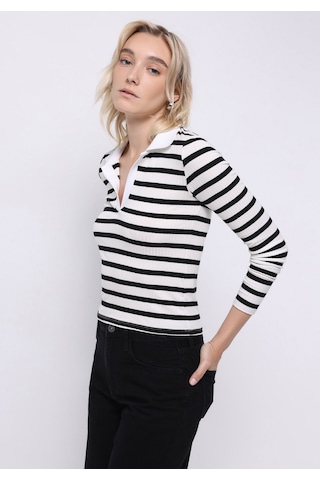 Colin's Colins Slim Fit Polo Yaka Çizgili Kadın Siyah Uzun Kol Tişört Cl1075895 Q1.v1 Blk SIYAH