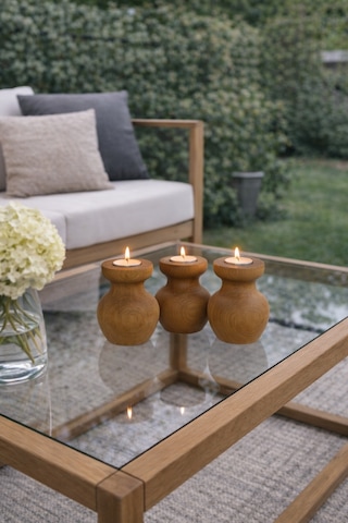 3 Lü Büyük Nar Model Tealight Ahşap Şamdan Seti Dekoratif Şamdan
