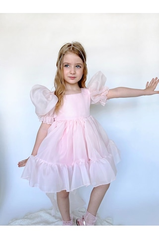 Linola Baby Kids Puffy Şifon Kız Çocuk Parti Elbisesi Pudra