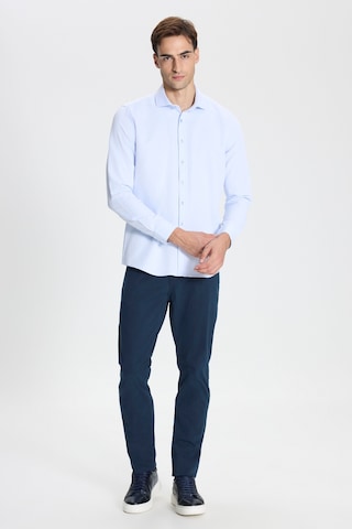George Henry Pamuklu Oxford Slim Fit Dar Kesim İtalyan Yaka Armürlü Gömlek Mavi