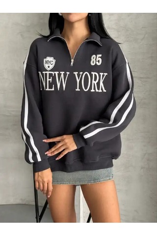 Yarım Fermuarlı Newyork Yazılı Sweat Antrasit
