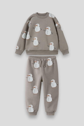Kardan Adam Desenli Pamuklu Sweatshirt Jogger Eşofman Alt-üst Takım Açık Gri