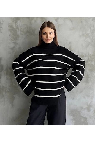 Çizgili İspanyol Kol Triko Boğazlı Kazak Siyah Elf Siyah