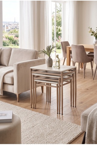 Traverten Desen Membran Kaplama 3'lü Zigon Sehpa Takımı Cappuccino Metal Ayaklı Modern Sehpa Seti