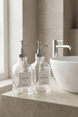 Digithome 2 Li Cam Sıvı Sabun Ve Losyon Etiketli Gümüş Tıpalı Deterjan Şişesi Sabunluk 500 Ml - 2112020-s C1-1-289