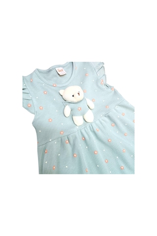 Ayıcık Aksesuarlı Çiçekli Kız Çocuk Yazlık Elbise Yeşil