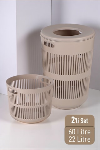 İronika Solara İkili Dekoratif Kirli Çamaşır Sepeti Seti Oyuncak Sepeti 60 - 22 Litre Kahve Kahve