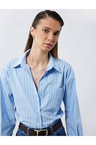 Koton Klasik Yaka Uzun Kollu Oversize Poplin Gömlek Mavi Çizgili 6wak60022pw Mavi Çizgili