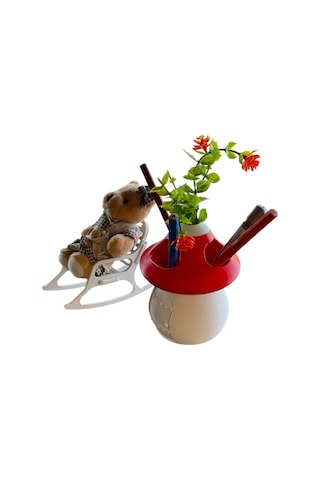 Kalemlik-ayıcık- Kırmızı Beyaz- Sima Mantar Çiçekli Üç Gözlü Kalemlik Düzenleyici Kırmızı