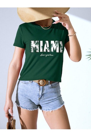 Miami T-shirt - Nefti Yeşil Baskılı Oversize Bisiklet Yaka Kısa Kol Tişört Nefti Yeşil
