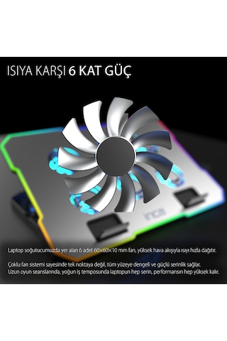 Inc-618gms 6 Fanlı Rgb Laptop Soğutucu Stand 9-17 2400 Rpm 10 Led Mod 5 Kademe Yükseklik Ayarlı