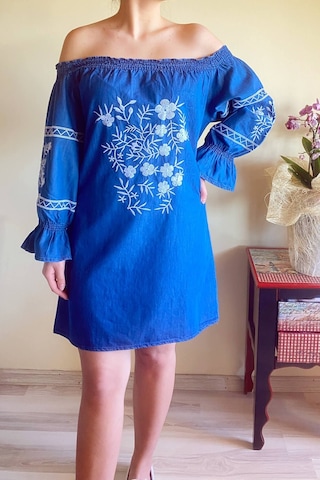 Mia Butik Kadın Mavi Nakış İşleme İnce Kot Elbise-252 Mavi
