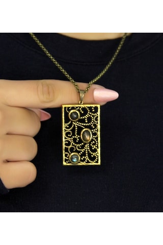 Doğal Taş Labradorit 3'lü Doğal Taşlı Antik Kadın Kolye Euk45lbt Gri