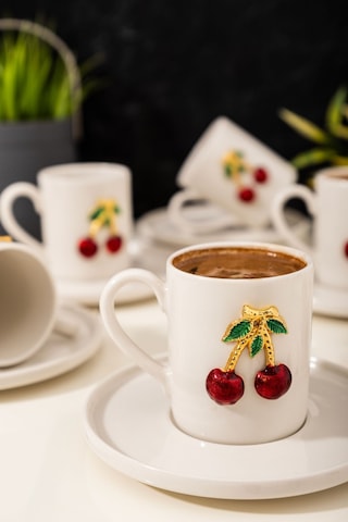 Mest 6 Kişilik Kiraz Model 12 Parça Porselen Kahve Fincan Takımı - Şık Kahve Fincan Seti 120 Ml Beyaz