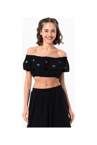 Eliş Şile Bezi Lavinya Vual Lastik Detaylı Nakışlı Yazlık Crop Bluz Siyah Syh-siyah Siyah