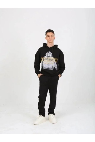 Erkek Çocuk Kapüşonlu Not Hoodies Yazılı Sweatshirt-15230 Siyah