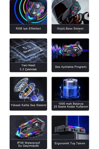 Y20 Max Rgb Işık Efektli İntercom Bluetooth Motosiklet Kask Kulaklığı İntercom Kulaklık