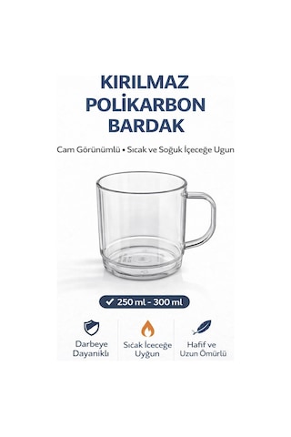 Polikarbon Kırılmaz Kulplu Bardak 6 Adet 300 Ml Cam Görünümlü Çay Kahve Bardağı Sıcak Soğuk Uyumlu Şeffaf