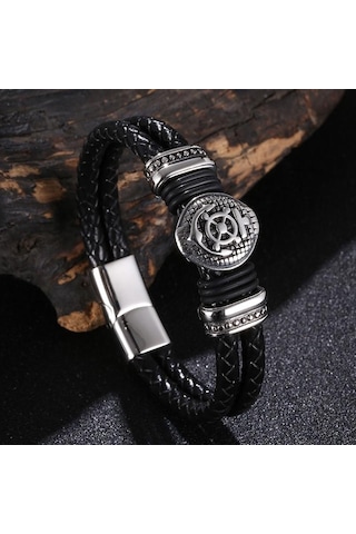 Erkekler İçin Hakiki Deri Bileklik Punk Örgülü İp Çelik Düğme Erkek Bileklik Takı Doğum Günü Hediyesi Siyah